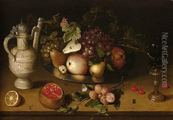 A Still Life Of Pears, Apples, Grapes, A Sliced Orange And Other Fruits And Objects Resting On A Table Top With A Butterfly, Caterpillars And Flies Oil Painting - Ambrosius Bosschaert the Younger