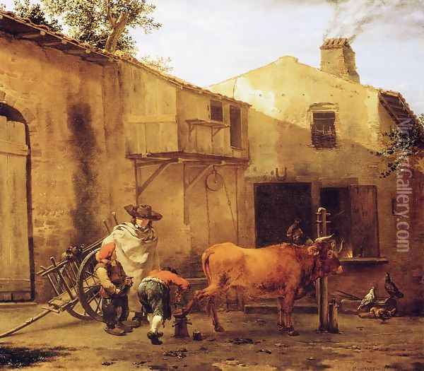 A Smith Shoeing an Ox Oil Painting - Karel Dujardin