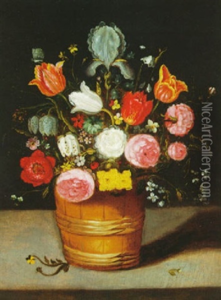 Still Life Of Flowers With Roses, Tulips And Iris In A      Wooden Tub Oil Painting - Andries Daniels