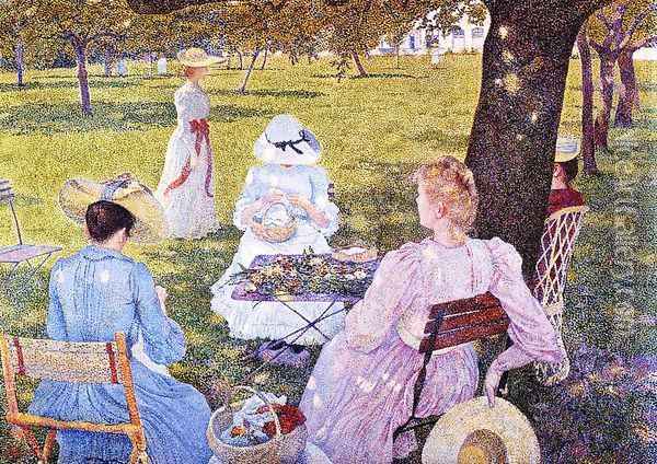 The Family in an Orchard Oil Painting - Theo van Rysselberghe