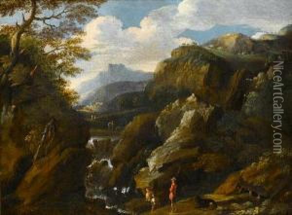 An Italianate Landscape With A Goatherd Andhis Flock Beside A Waterfall Oil Painting - Pietro Montanini