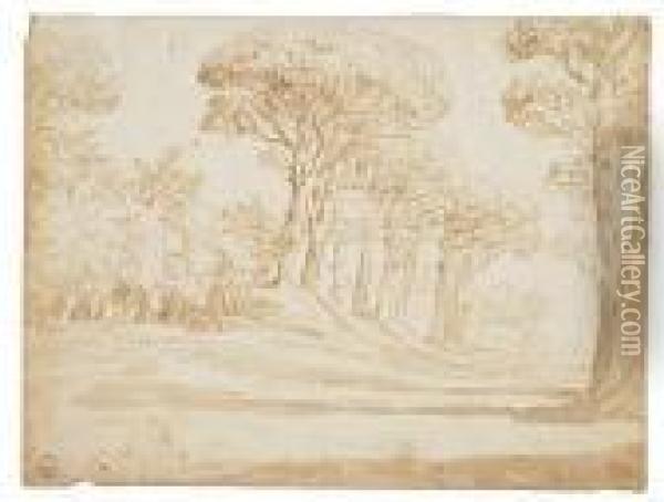 A Wooded Landscape With Rolling Hills Oil Painting - (circle of) Wittel, Gaspar van (Vanvitelli)