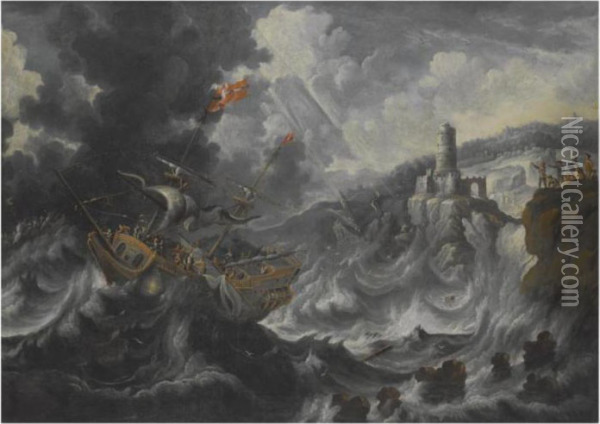 A Coastal Landscape With Shipping Caught In Tempestuous Seas Oil Painting - Cornelis Mahu