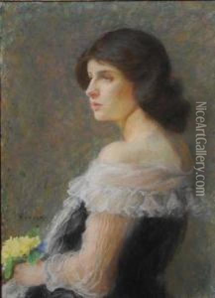 Portrait Of A Young Lady Holding A Bunch Of Primroses. Oil Painting - Elizabeth A.Stanhope Forbes