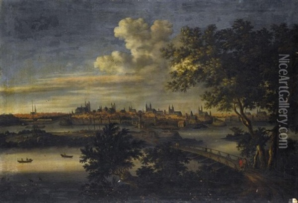 A Panoramic View Of Magdeburg Seen From Across The River Elbe, With Figures Crossing A Bridge In The Foreground Oil Painting - Willem Van Bemmel