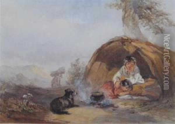 Two Children Sheltering By A County Path Oil Painting - Francis William Topham