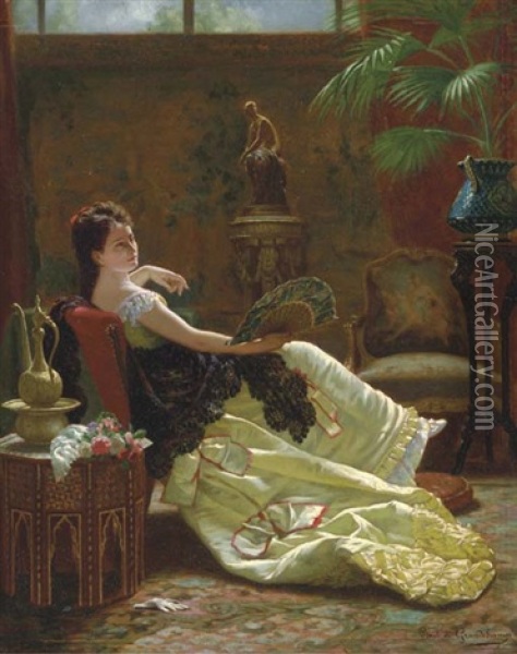 Lady With A Fan Oil Painting - Louis Emile Pinel De Grandchamp