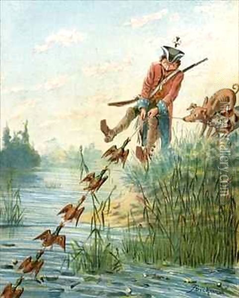 Baron Munchausen catching ducks with bacon fat Oil Painting - Alphonse Adolphe Bichard