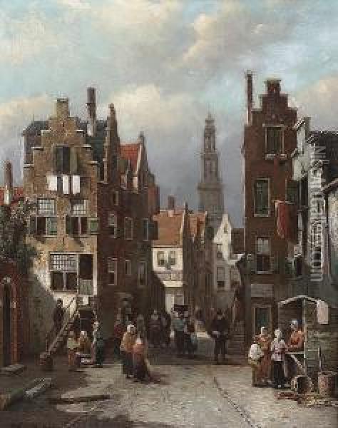 A Busy Street In A Continental Town Oil Painting - Oene Romkes De Jongh