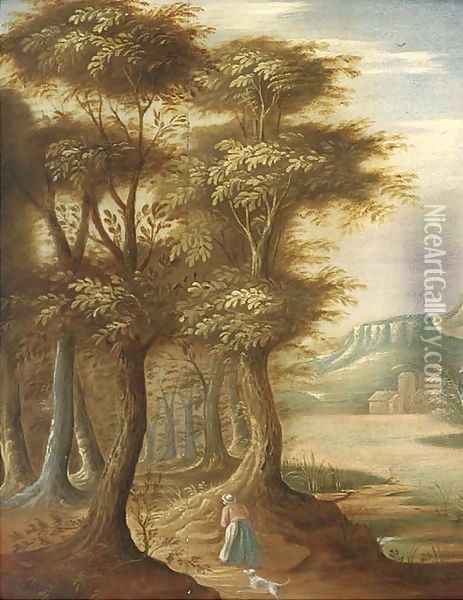A wooded landscape with a woman and a dog on a track Oil Painting - Abraham Govaerts
