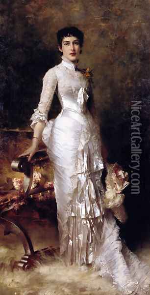 Young Beauty In A White Dress Oil Painting - Julius LeBlanc Stewart