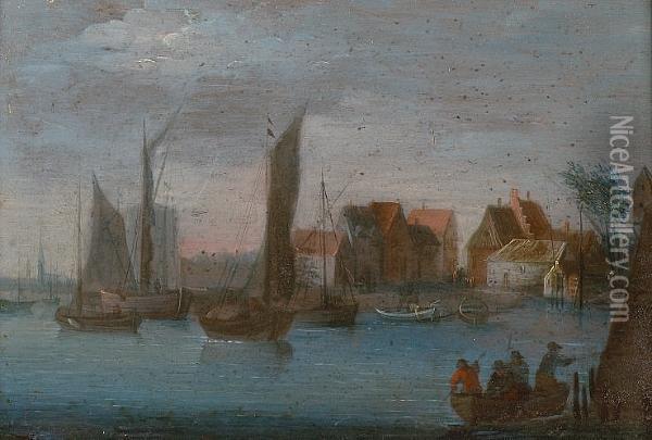 A River Landscape With Fishermen In Boats, A View To A Village Beyond Oil Painting - Joseph van Bredael
