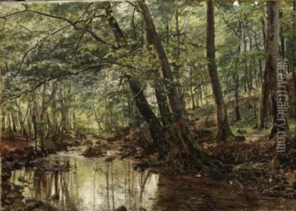 Skovparti Med A I Forgrunden, Sommer Oil Painting - Janus la Cour