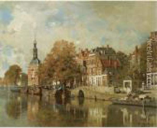 The Verdronken Oord With The Accijnstoren, Alkmaar Oil Painting - Johannes Christiaan Karel Klinkenberg