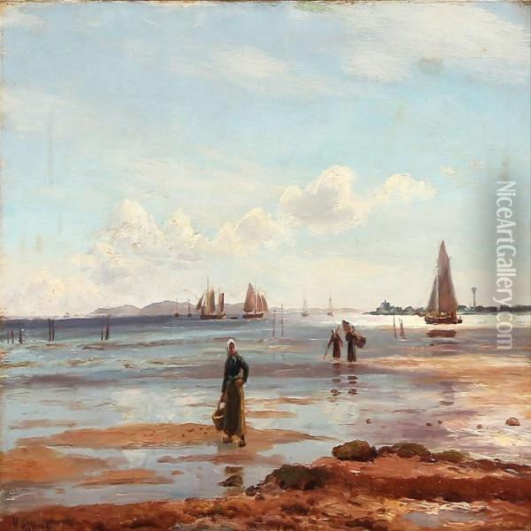 Coastal Scene With Fishermens' Wifes On The Beach At Halso Oil Painting - Holger Peter Svane Lubbers