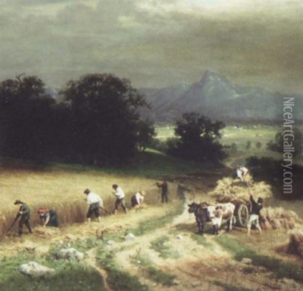 Wheat Harvesting Beside A River Oil Painting - Hermann Herzog