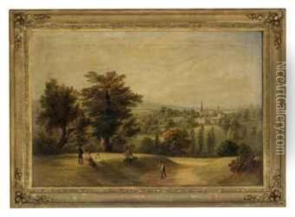 Figures In An Extensive Wooded Landscape, With A Villagebeyond Oil Painting - William Gill