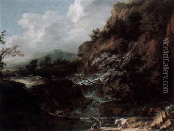 A Mountainous River Landscape With Fishermen And Cattle Beneath Some Falls, A House Beyond Oil Painting - Joachim Franz Beich