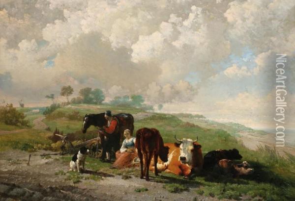 Landscape Withmeadows, A Farmer's Couple With Their Cattle And A Sitting Dog, Atthe Right A View On The Gooimeer Oil Painting - James De Rijk