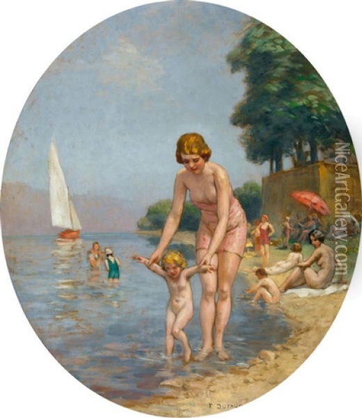 Strandpartie Mit Badender Mutter Und Kind Oil Painting - Frederic Dufaux