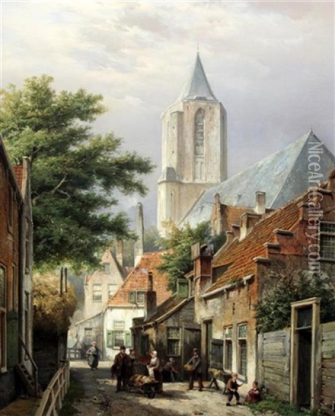 Figures Beside A Bakers Cart With Church Beyond Oil Painting - Willem Koekkoek