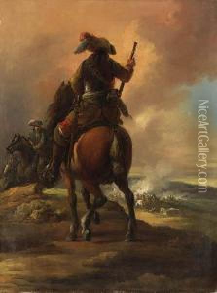 Cavalrymen On A Bluff Above A Battle Oil Painting - Francesco Giuseppe Casanova