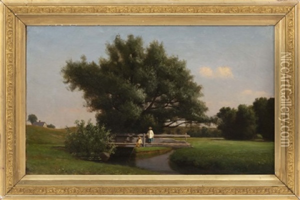 Fishing Off A Footbridge Oil Painting - Alfred T. Ordway