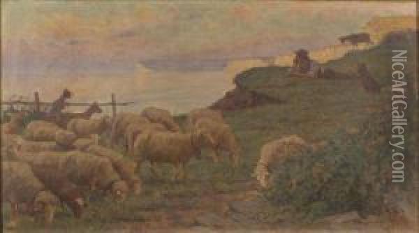 Herder With Sheep And Goats In A Cliff-side Pasture Oil Painting - Victor Brugairolles