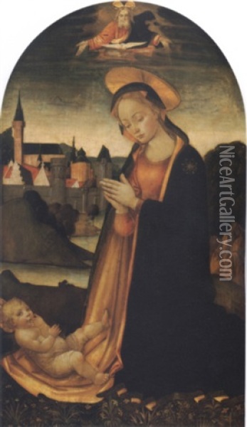 The Madonna Adoring The Christ Child In A Landscape With A Town Beyond And God The Father And The Holy Dove Looking Down From Above Oil Painting -  Master of San Miniato