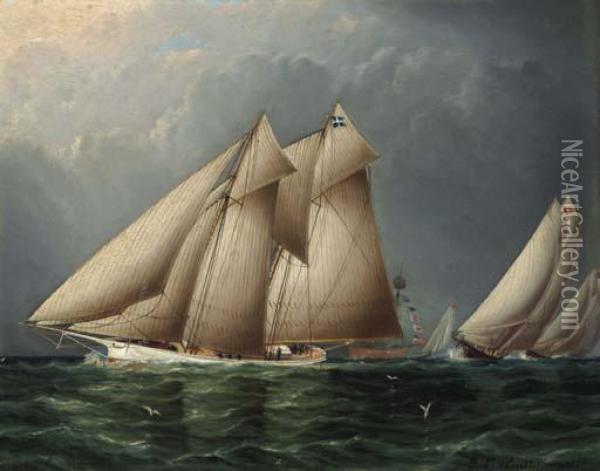 The Schooner Yacht Fenella Rounding Sandy Hook Lightship With Estelle Following Oil Painting - James E. Buttersworth