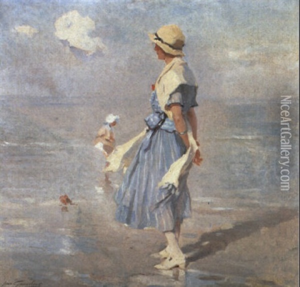 Op Het Strand Oil Painting - Jean Leon Henri Gouweloos