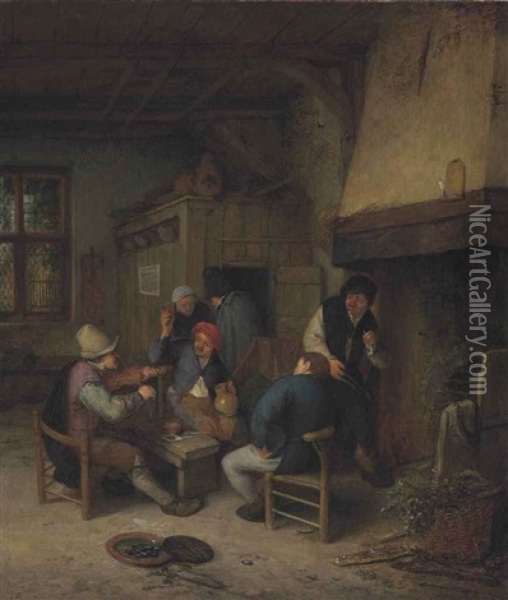 Interior Of A Tavern With Peasants Making Music And Drinking, A Basket Of Hops In The Foreground Oil Painting - Adriaen Jansz van Ostade