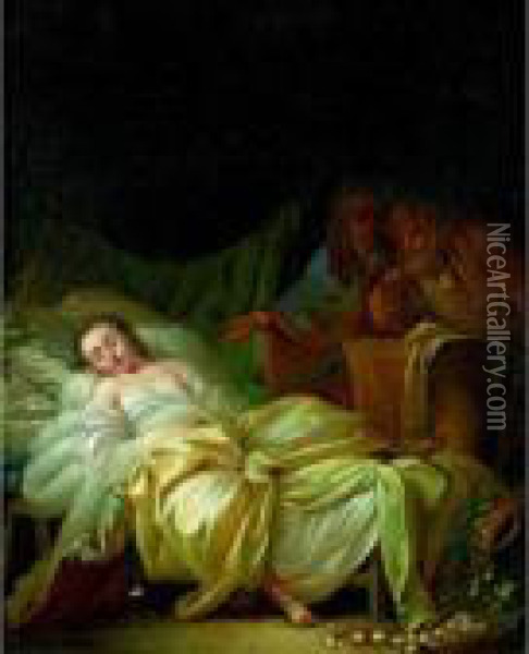 Jeune Fille Endormie Surprise Par Un Couple Oil Painting - Jean-Baptiste Le Prince