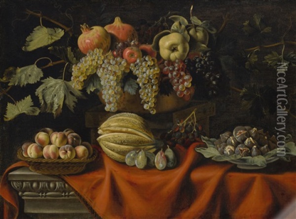 Still Life With Grapes, Peaches, Pomegranates, Apples, Melon And Figs, All On A Marble Ledge Oil Painting - Pietro Paolo Bonzi