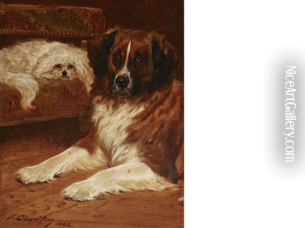 Best Friends: A Saint Bernard & A Maltese Oil Painting - John Charlton