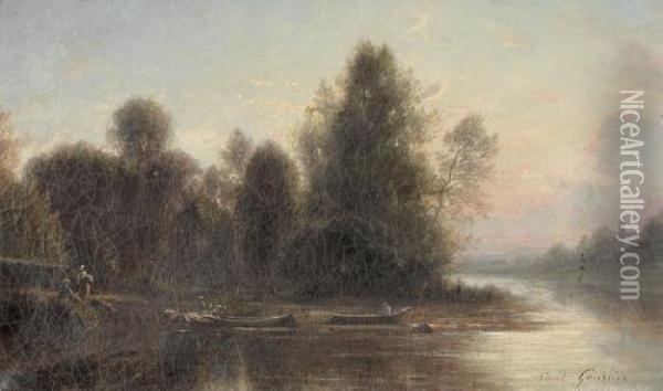 Flussuferpartie Mit Booten Und Figurenstaffage Oil Painting - Paul Dominique Gourlier