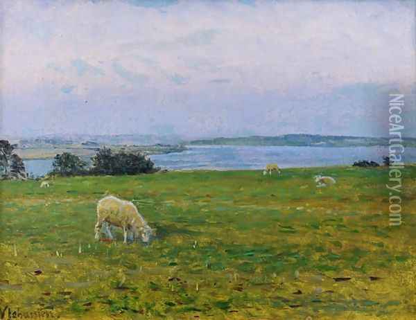 Sheep Grazing Osterby Skagen Oil Painting - Viggo Johansen