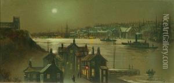 Whitby Harbour By Moonlight; Scarborough Beach By Moonlight Oil Painting - Wilfred Jenkins