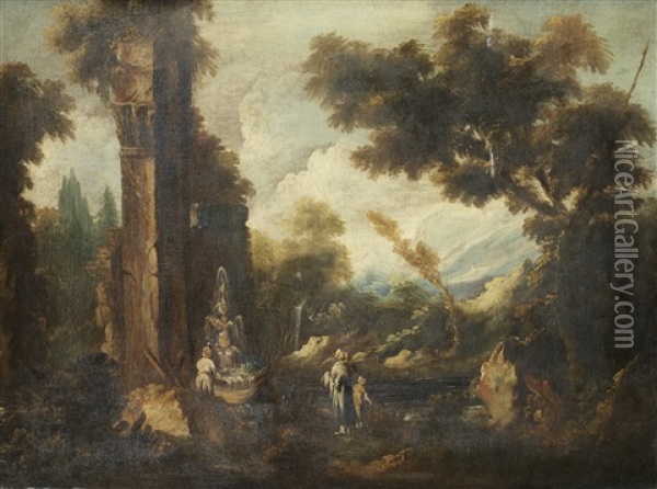 An Italianate Landscape With Figures Approaching A Fountain Amongst Ruined Buildings Oil Painting - Bartolomeo Pedon