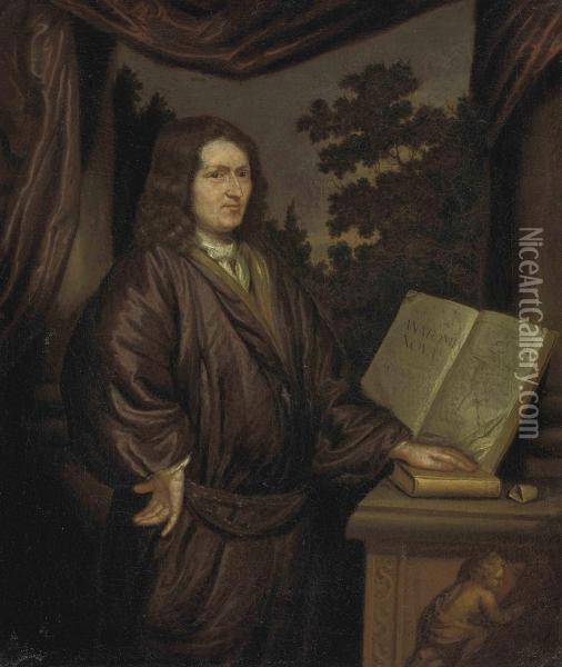 Portrait Of A Gentleman, Three-quarter-length, In A Rust Robe, Hisleft Hand On A Book, A Landscape Beyond Oil Painting - Arnold Houbraken
