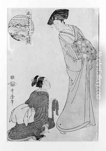 A print in sumi and slight colour depicting a shinzo kneeling before a standing courtesan offering a sash, signed Utamaro hitsu, seal of Tsutaya Jusab Oil Painting - Kitagawa Utamaro