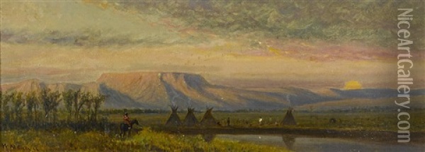 Sunset Beyond An Indian Encampment With Teepees Oil Painting - William de la Montagne Cary