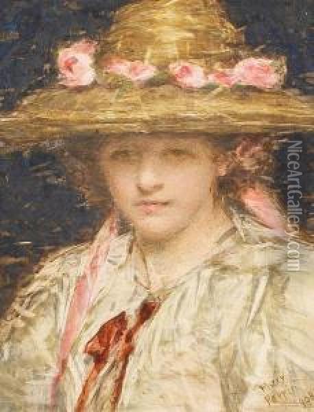 Girl In A Hat Decorated With A Band Of Pinkroses Oil Painting - Mary Perrin