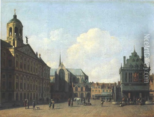 La Place Du Dam A Amsterdam Avec Le Stadhuis, La Nieuwekerk Et Le Waag Oil Painting - Gerrit Adriaensz Berckheyde