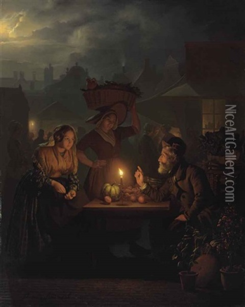 A Stallholder With Fruit, Vegetables And Flowers At A Nightmarket Oil Painting - Petrus van Schendel