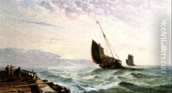 Luggers Leaving Harbor - Sunrise Oil Painting - Arthur Joseph Meadows