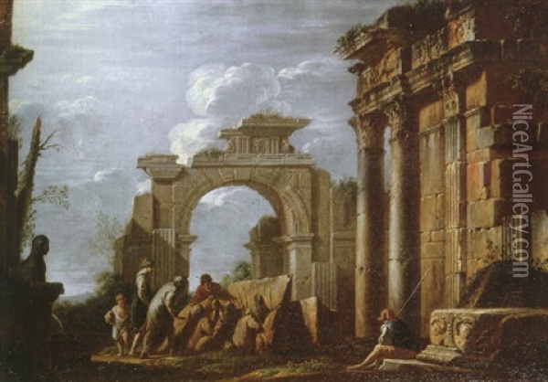 A Landscape With Classical Figures Examining A Stone Relief Amid Roman Ruins Oil Painting - Giovanni Ghisolfi