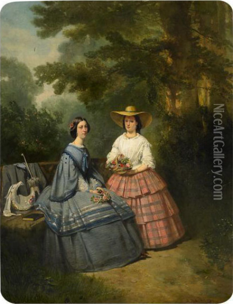 Portrait Of Two Sisters In The Park. Oil Painting - Hendrik Hollander Cz