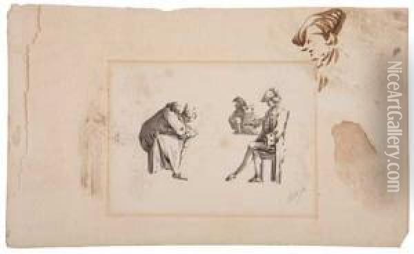 Sheet Of Studies With Men Seated At A Table Oil Painting - George the Elder Scharf