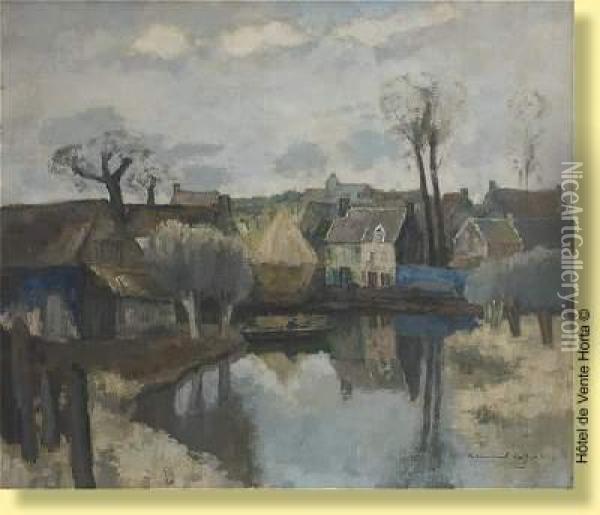 Pecheur Dans Sa Barque En Bordure De Village Oil Painting - Armand Apol